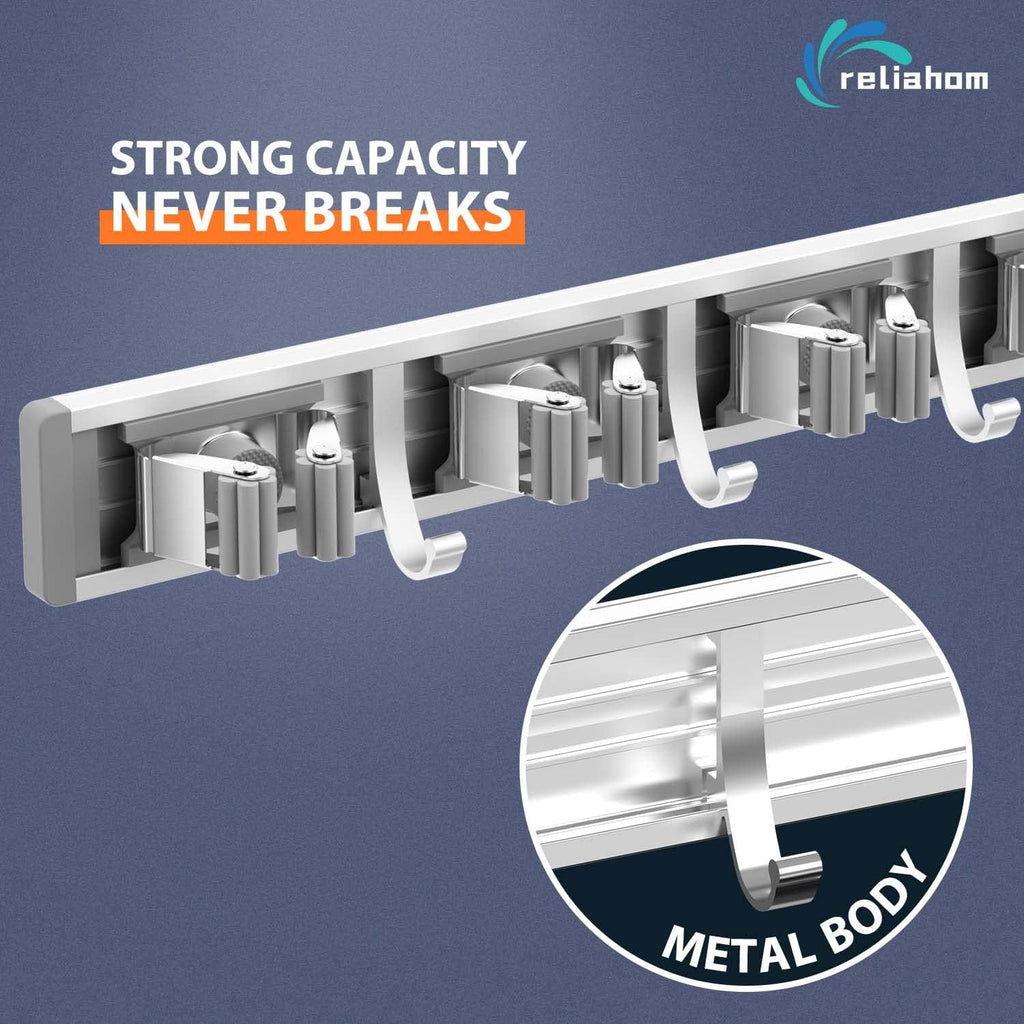 Reliahom Broom Holder Wall Mount - 2 Pack with 5 Racks & 4 Hooks for Garage, Kitchen, Garden Storage