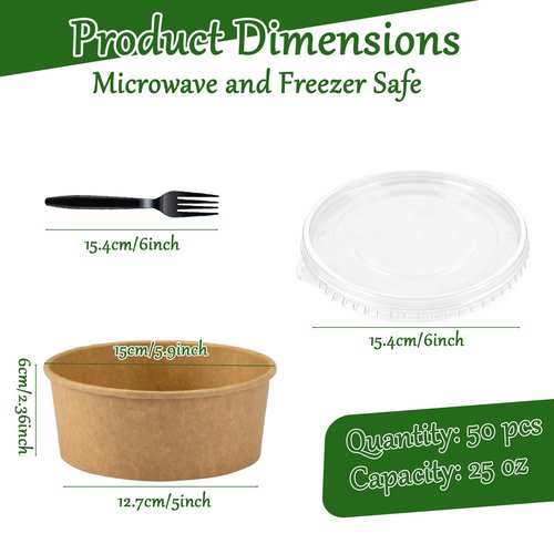 Retainbre 50 Pack 25 Oz Paper Bowls Disposable Soup Bowls with Lids and Forks To Go Salad Containers for Hot Cold Food Meal Prep Party Serving
