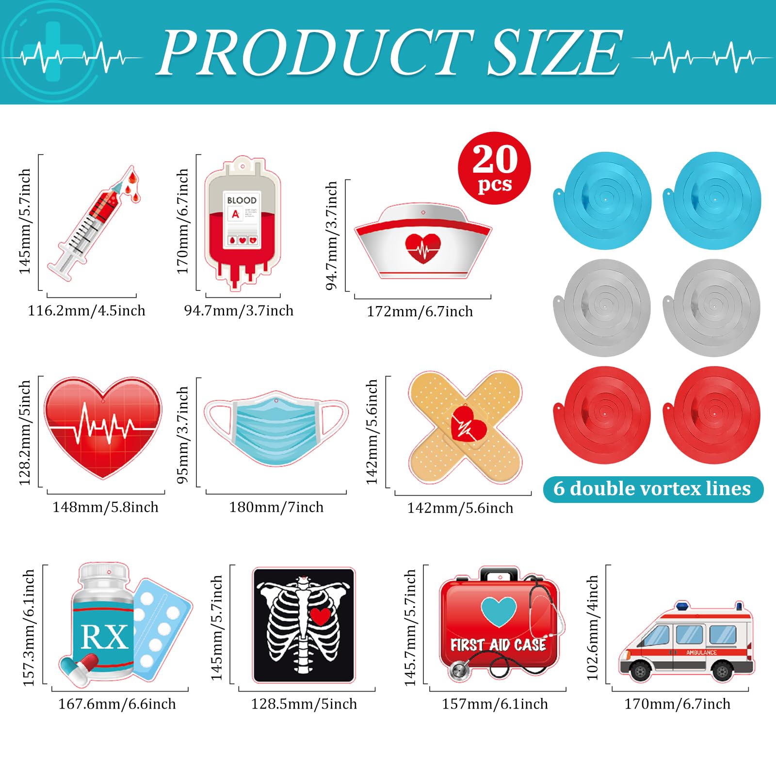 44 Pcs Medical Hanging Swirls Decorations, 20 Hospital-Themed Ceiling Foil Swirl Ornaments with Ambulance, RX, Syringe, Nurse Cap, First Aid Icons and 4 Double Swirls for Doctor Nurse Graduation Decor