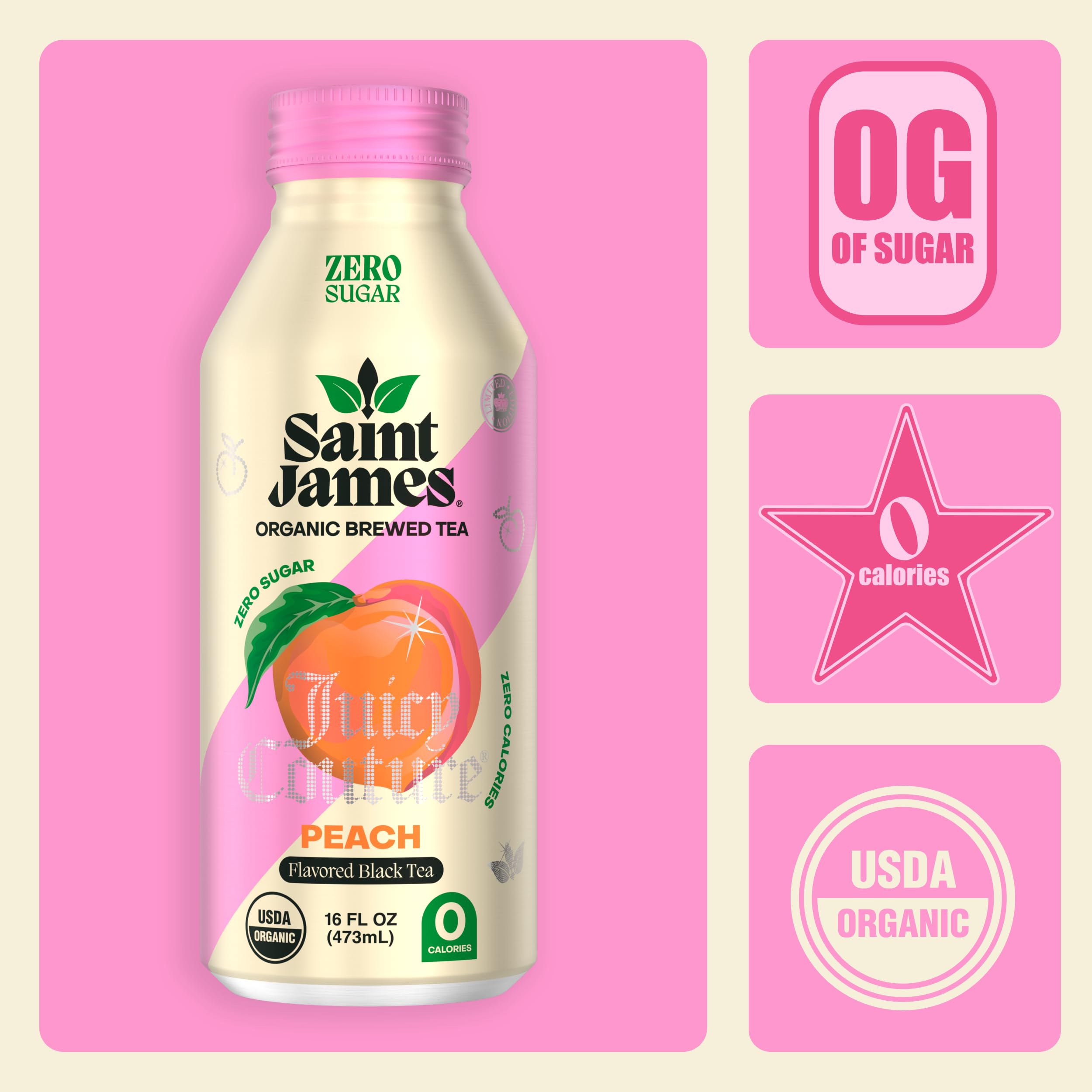 Saint James Iced Tea x Juicy Couture Limited Edition - Organic Black Tea - Non-GMO, Gluten Free, Zero Calorie, Zero Sugar - Juicy Peach, 12 Pack (16 fl oz each)