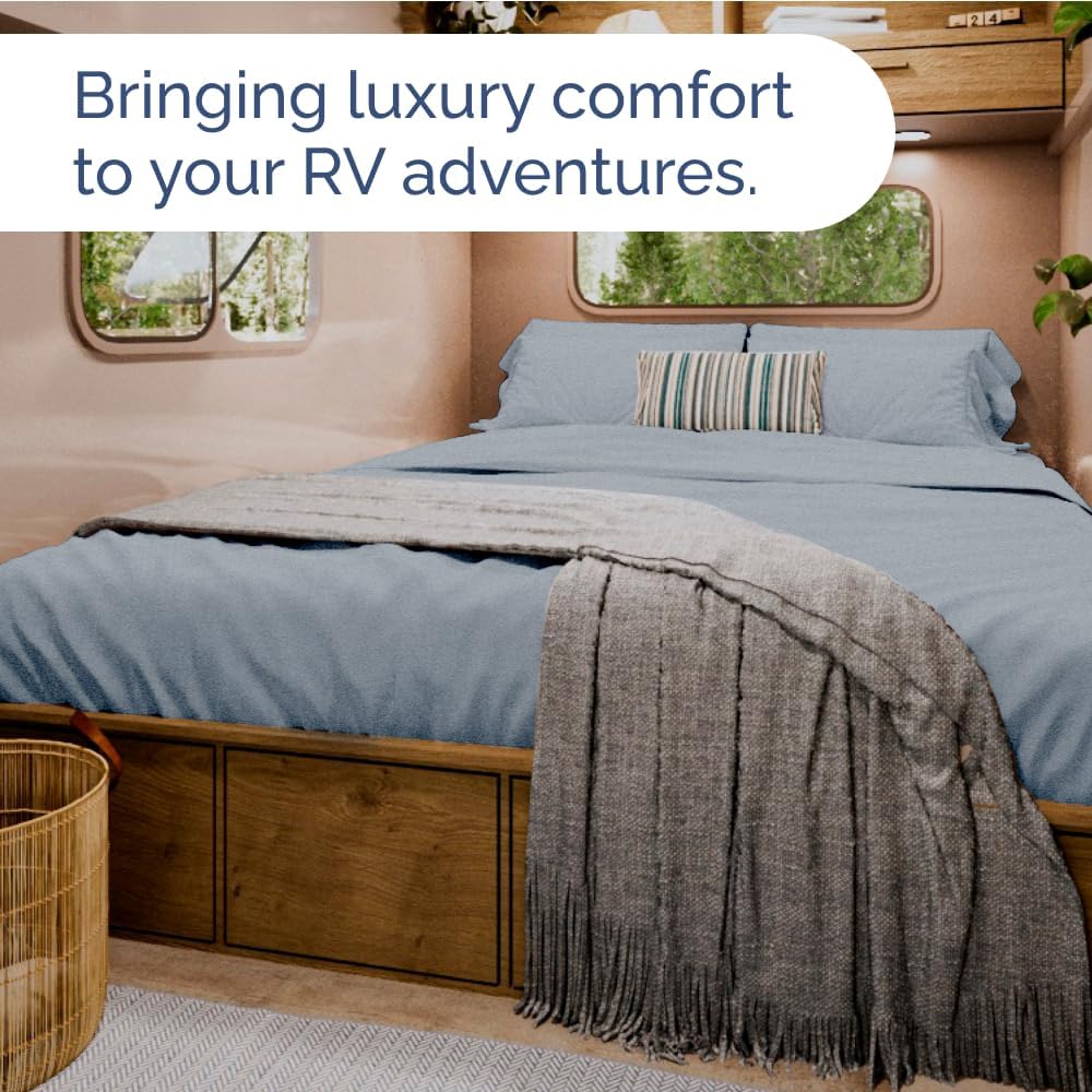 RV Short Queen Sheet Set - Soft, Breathable & Cooling 4-Piece Bedding for Trailers | Fits 8” to 12” Mattresses - Heathered Blue