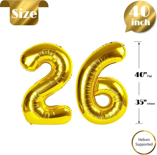 Gold Number 26 Balloon - 40 Inch Golden Birthday Decoration for 26th Anniversary Celebrations