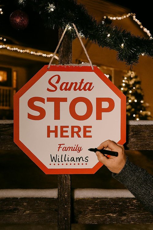 Christmas Santa Please Stop Here Sign - Wooden Front Door Hanger for Holiday Home Decor