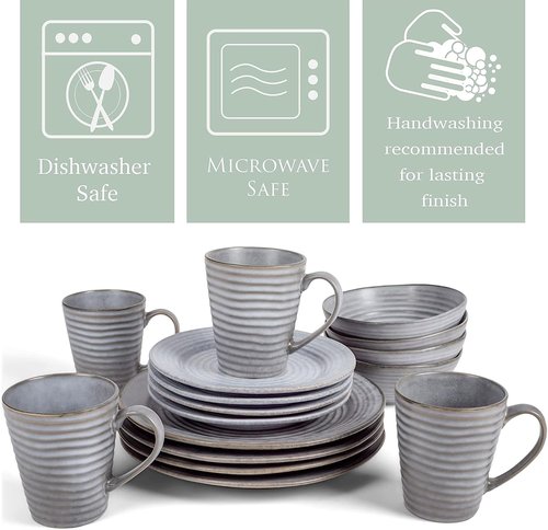 Elanze Designs Charming Chic Ribbed Modern Thrown Pottery Look Ceramic Stoneware Plate Platter Mug & Bowl Kitchen Dish Dinnerware 16 Piece Set - Service for 4, Slate Grey