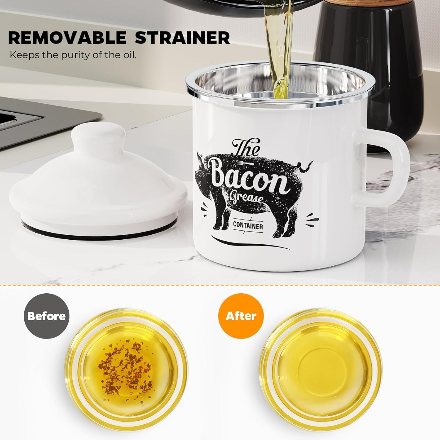 PGYARD Mini Bacon Grease Container - 15oz Enamel Strainer for Kitchen Fat Storage | Dishwasher Safe, White