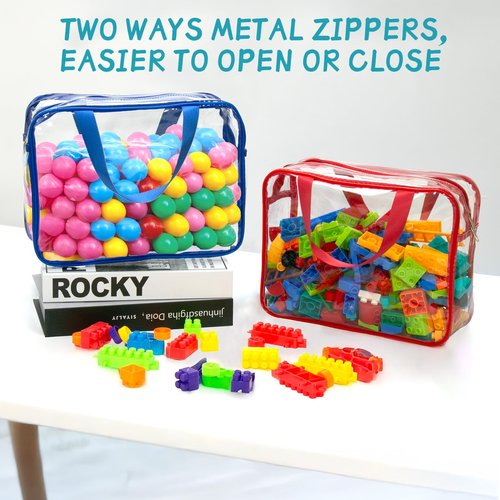 8 Packs 8 Colors Large Toy Storage Bags with Zipper and Labels, Clear PVC Waterproof Toy Organizers Bags for Board Games, Puzzles Pieces, Building Blocks, Handmade Accessories, Kid Books