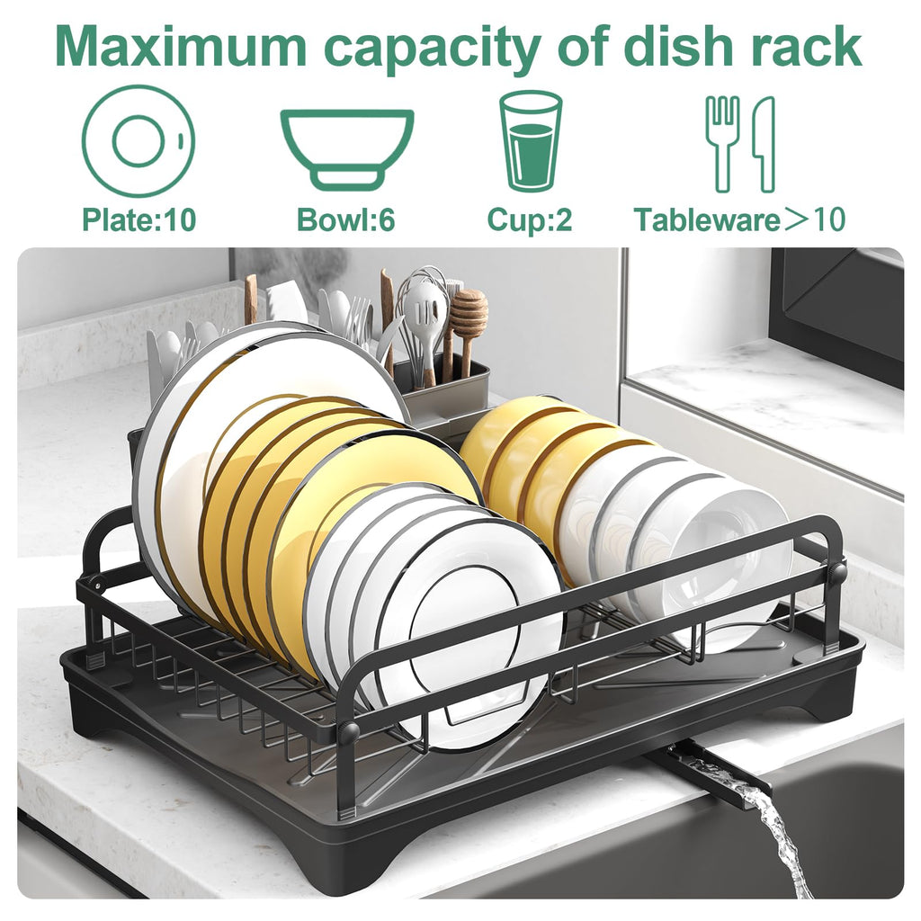 HOMEAILIE Dish Drying Rack for Kitchen Counter, Large Dish Drying Rack with Utensil Holder & Cutlery Tray, Dish Drainer with Drainboard, Black