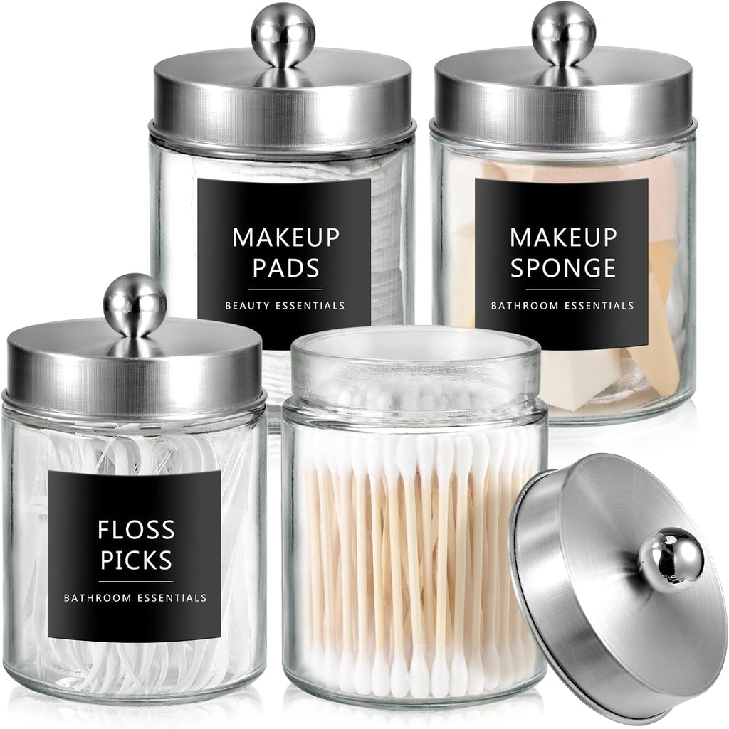 SheeChung Glass Qtip Holder Dispenser - Rust-Proof Stainless Steel Apothecary Jars | Sleek Bathroom Organizer for Cotton Swabs (Brushed Nickel) - 4-Pack