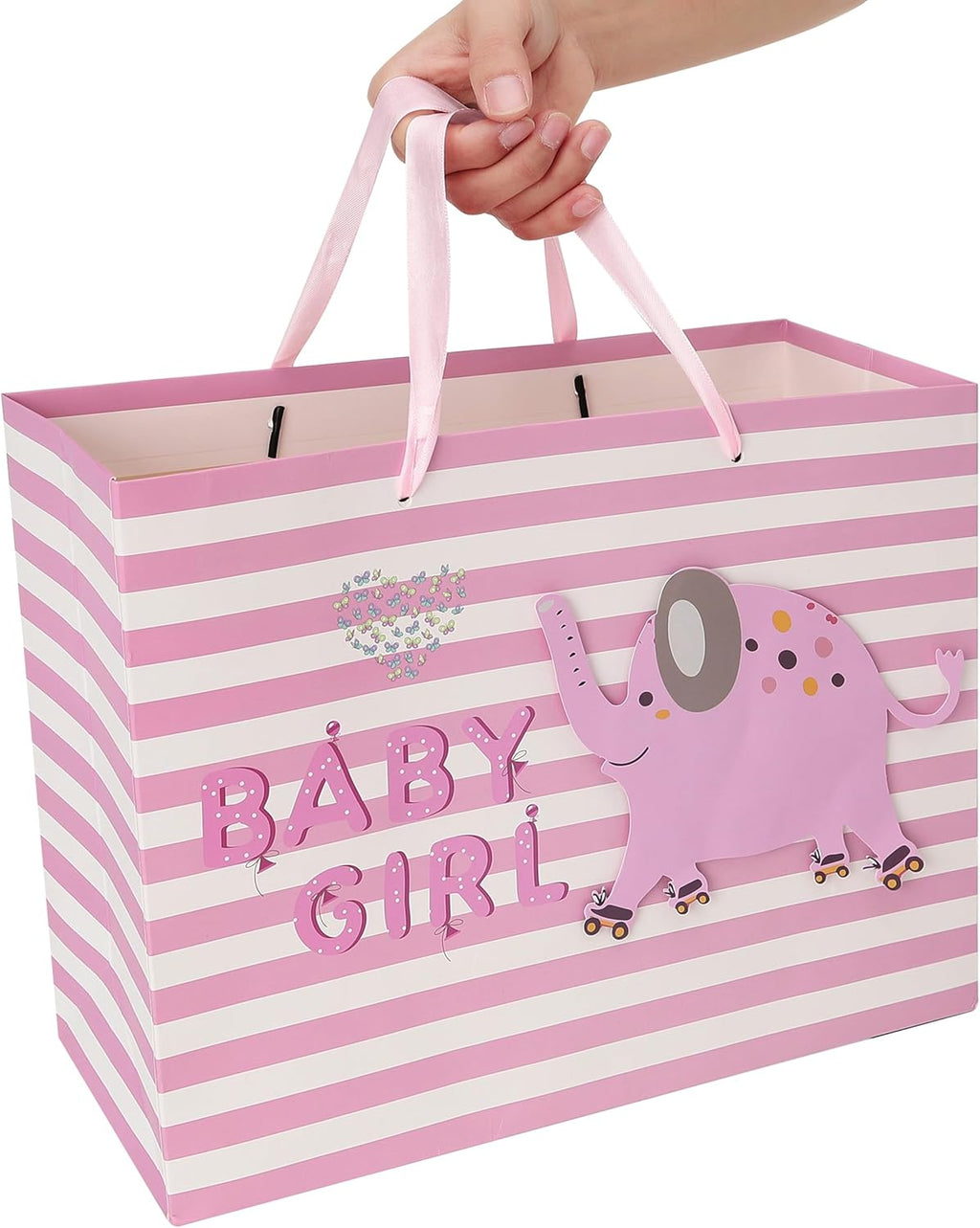 Wishinside 13" Large Pink Gift Bag Set - 3D Elephant Design with Greeting Card & Tissue Paper | Perfect for Baby Showers & Kids' Birthdays