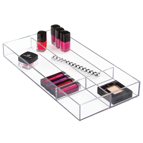 iDesign Clarity Plastic Divided Drawer Organizer, Storage Container for Vanity, Bathroom, Kitchen Drawers, 8" x 16" x 2", Clear,40850