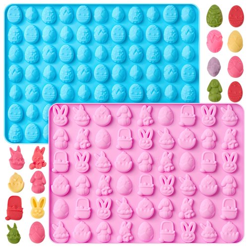 Puyeipt 2 PCS Easter Silicone Molds, 54 Cavity Mini Easter Bunny Mold & 77 Cavity Easter Egg Mold, Easter Rabbit Molds for Candy, Chocolate, Gummy, Cupcake Decor