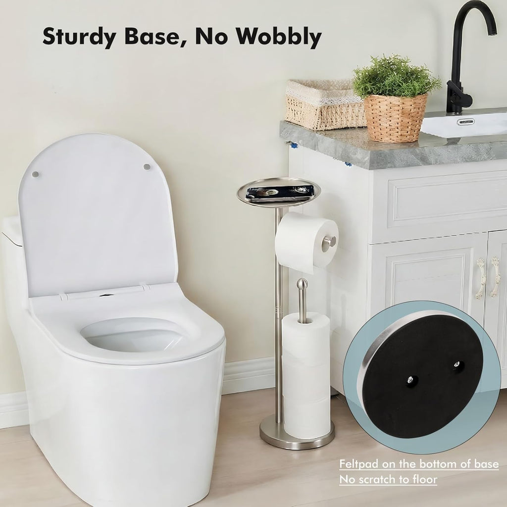Skiennix Freestanding Toilet Paper Holder - Stylish Storage Stand for 4 Extra Rolls | Brushed Nickel Finish