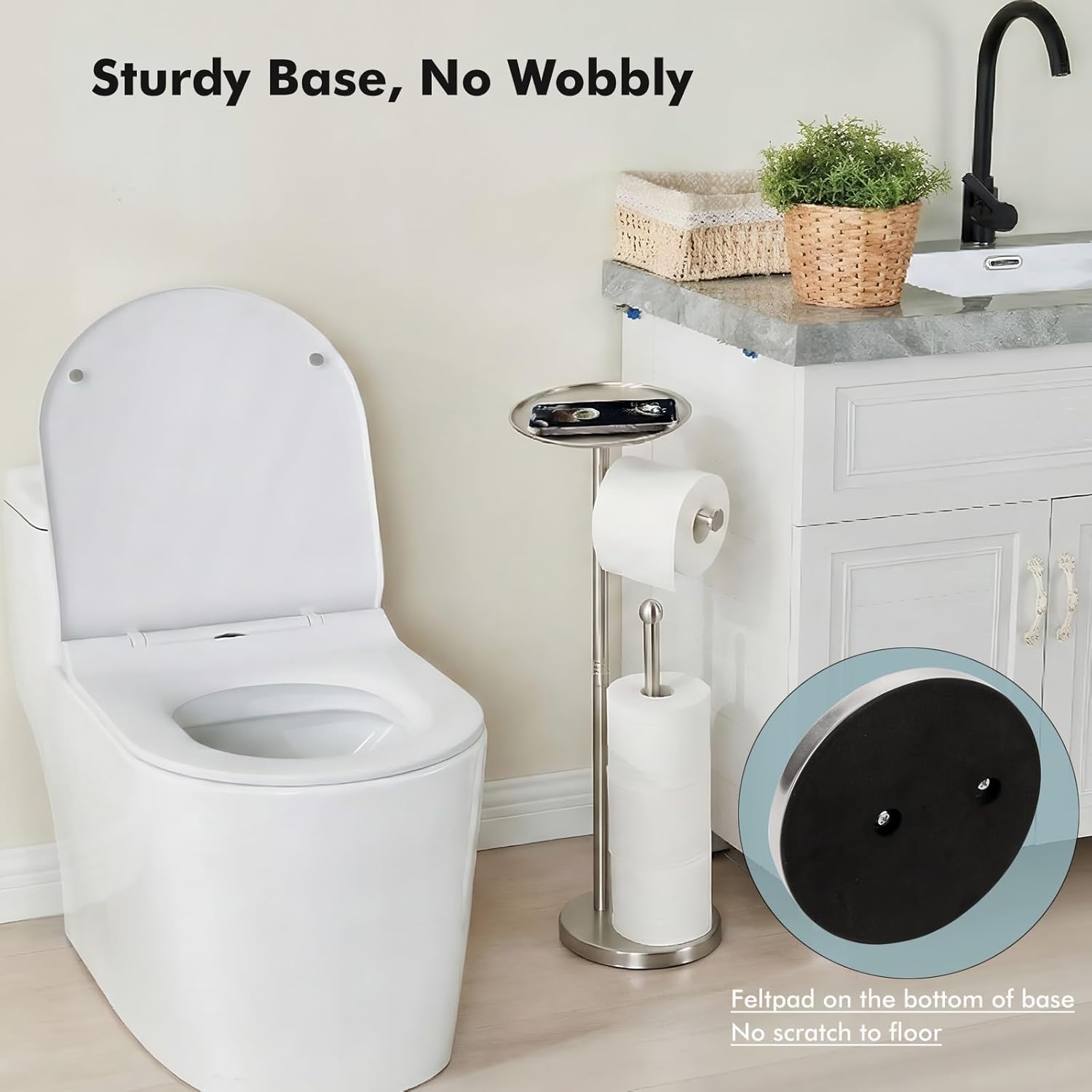 Skiennix Freestanding Toilet Paper Holder - Stylish Storage Stand for 4 Extra Rolls | Brushed Nickel Finish