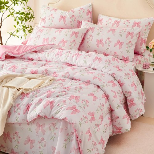 CCoutueChen Pink Bow Comforter Set Queen 3Pcs Pink Floral Bedding Set for Girls Kids Romantic Princess Style Bowknot Bedding Ultra Soft Reversible Garden Flower Comforter Sets with 2 Pillowcases
