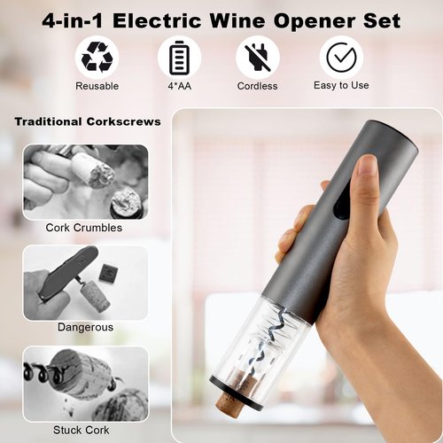 COKUNST Electric Wine Opener, 4-in-1 Wine Bottle Opener Set with Base, Cordless Automatic Battery Operated Corkscrew with Foil Cutter, Pour, Vacuum Stoppers, Gift for Home Party, Staninless Steel