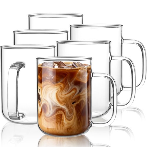 BWODYAY Glass Coffee Mugs, 20 oz Ice Coffee Cups Set of 6, Large Clear Tea Cups, Glass Mugs with Handles for Hot Beverages, Glass Cups for Latte, Cappuccino, and Tea
