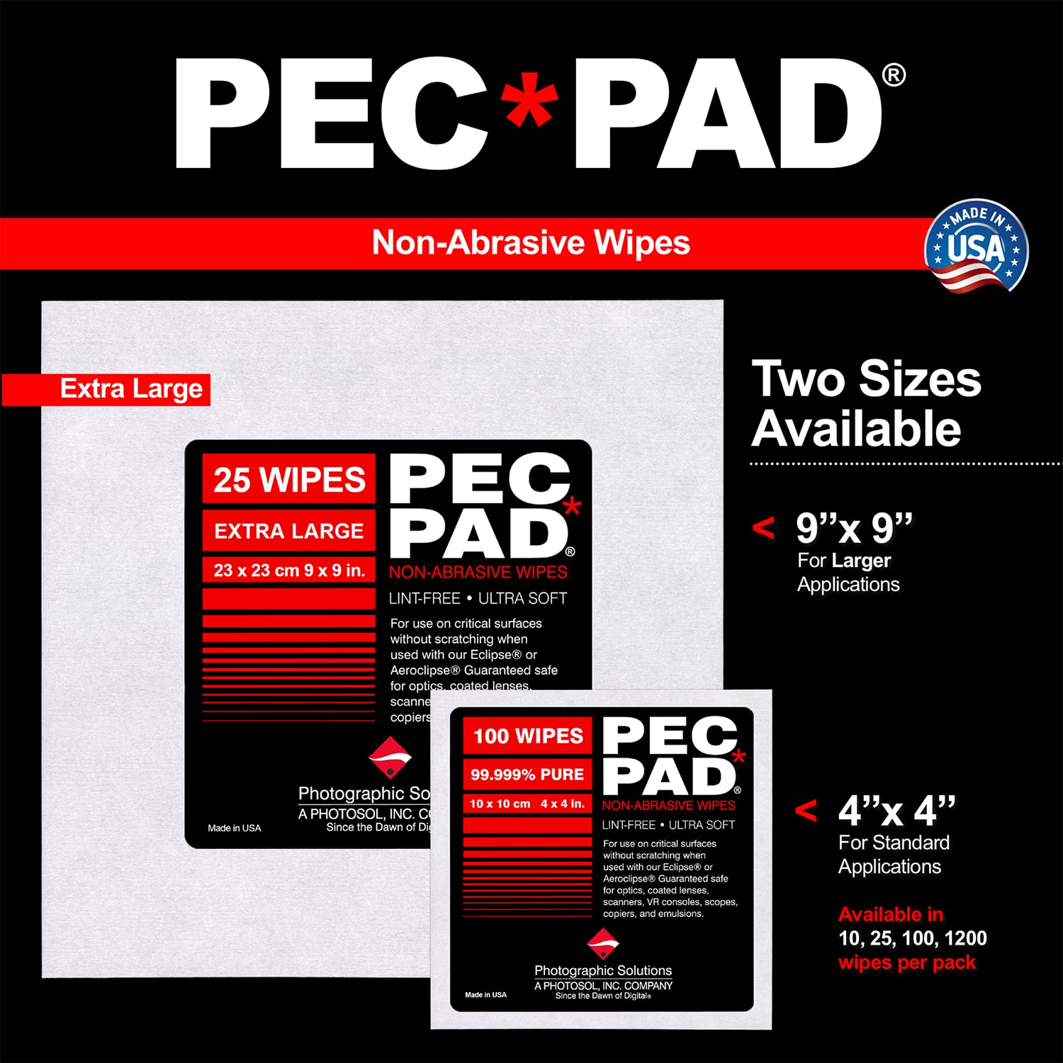 PEC-12 Photographic Emulsion Cleaner Kit and PEC-PAD Lint Free Non-Abrasive Wipes 4"x4" 100 Sheets per/Pkg - for Cleaning Film, Photo Negative, B&W Slide - Dropper Tip (59ml) 2oz