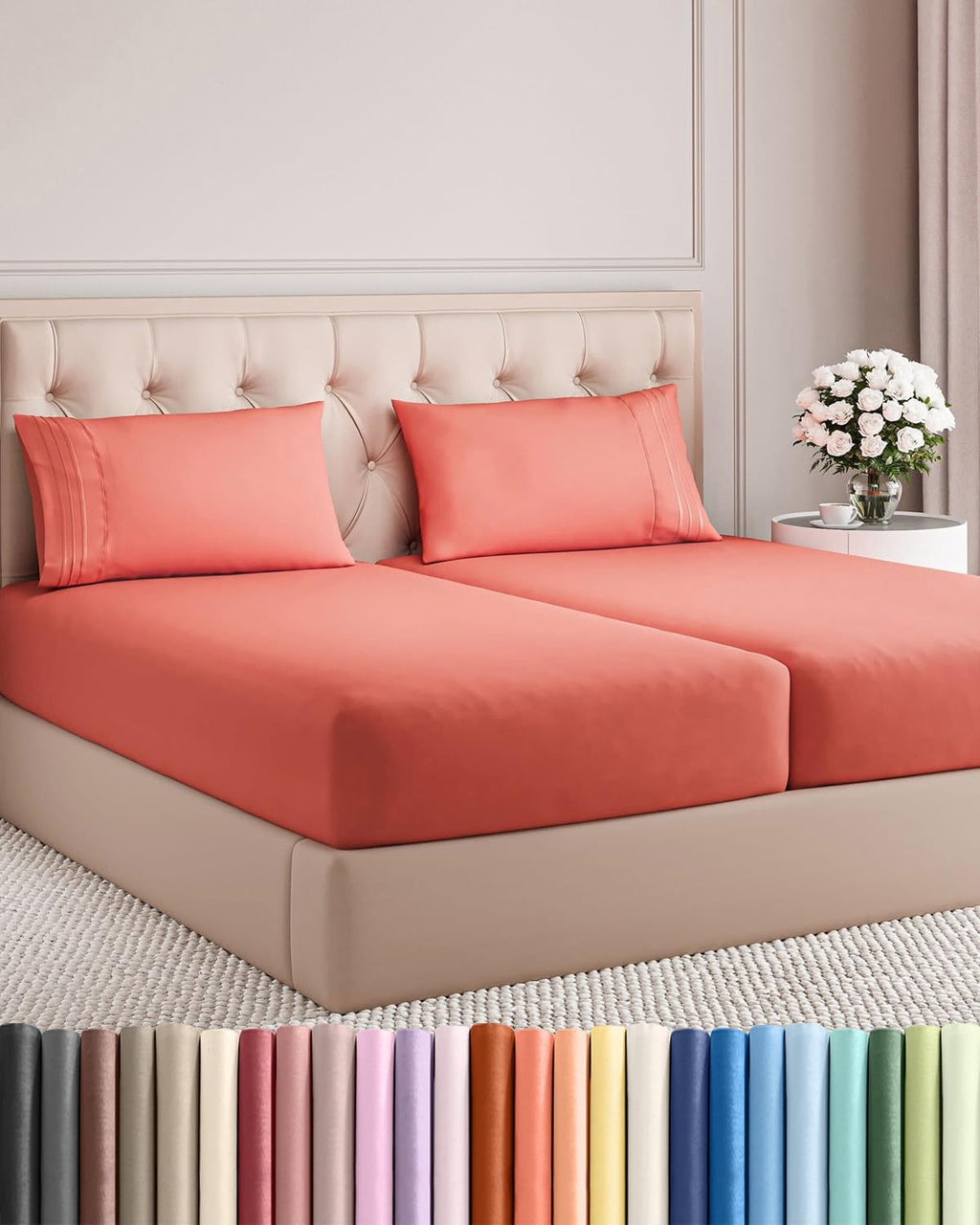 Regine Switzerland Split King Size Sheet Set - Comfy Cooling Bedding - Luxury 5-Piece Coral Set with Deep Pockets