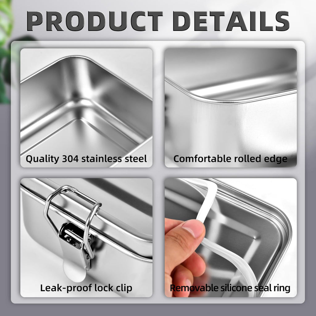 VIKCOLEE 4 PCS Stainless Steel Bento Box 4-Size, Metal Lunch Box, Food Containers, Lunch Container for Home, Work, Camping (550ml+850ml+1400ml+2400ml)