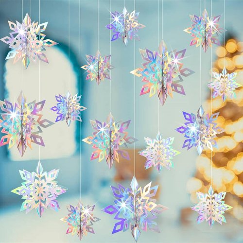 GuassLee 3D Iridescent Paper Snowflakes - 15PCS Winter Wonderland Decorations | Perfect for Christmas & Birthday Parties