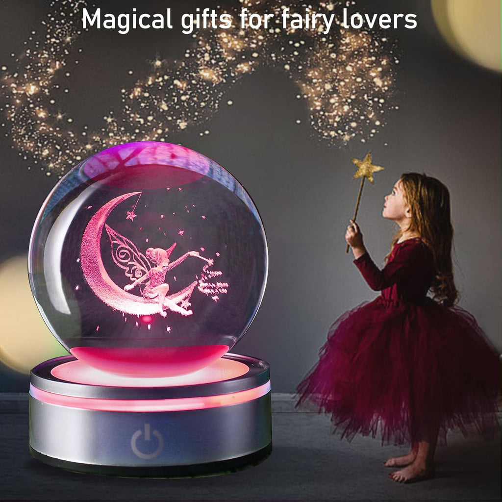 3D Crystal Ball Moon Decor Light - Laser Engraved Glass Sphere Fairy Gift for Women & Girls | 80mm