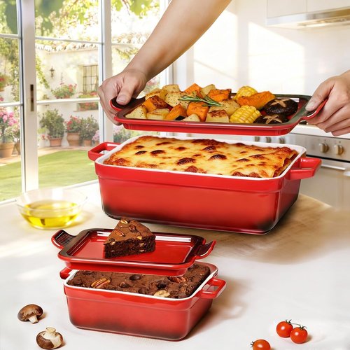 ACMLIFE Ceramic Casserole Dish Set - 4-Piece Oven Bakeware with Lid | Red Stoneware, 3.06 Qt & 0.95 Qt