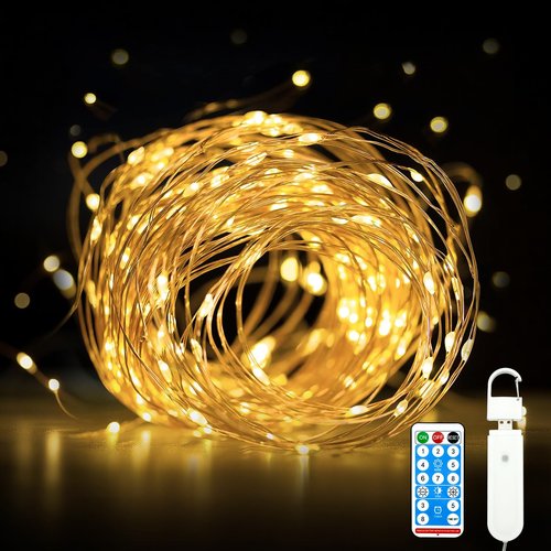 Bsgifts Rechargeable Fairy Lights Battery Operated, 33ft 100 LEDs String Lights with Remote, Waterproof, Mini Twinkle Lights for Bedroom, Christmas, Wedding, Indooor Outdoor Decor, Warm White