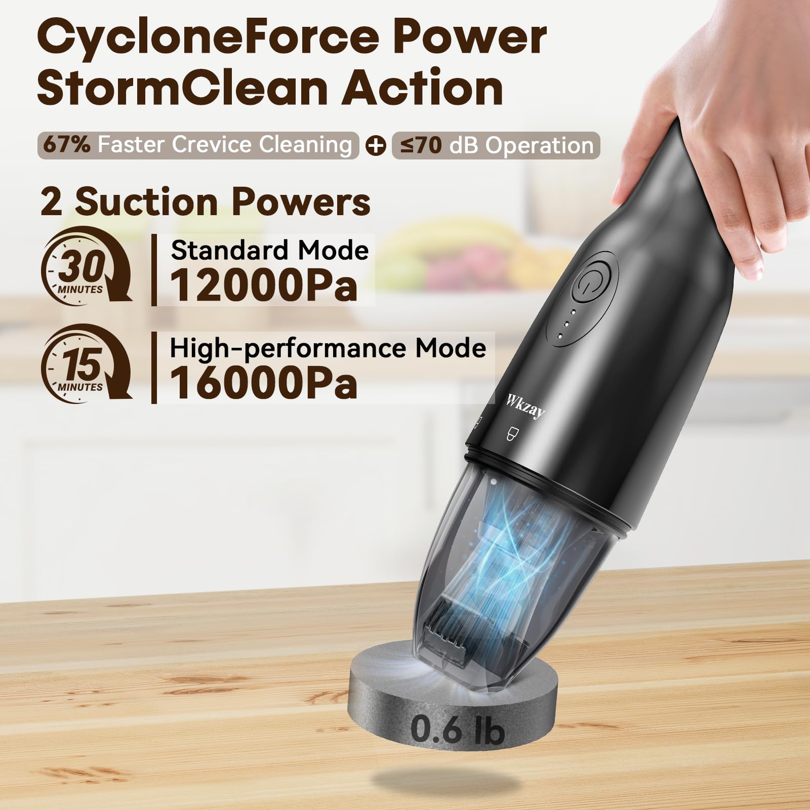 Wkzay Portable Mini Handheld Vacuum Cordless: Brushless Motor – 16,000Pa Strong Suction, Fast Charging, Low Noise, Lightweight and Portable for Home, Apartment, Dorms, Small Spaces