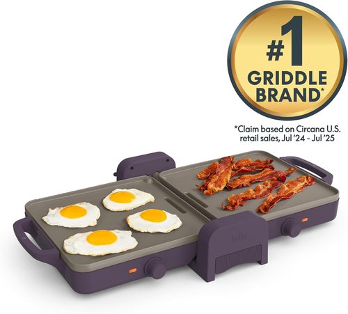 Bella 10"x20" Ceramic Fold-N-Store Griddle - Dual Temp Nonstick Kitchenware, 2 Zones Up to 400°F, Plum