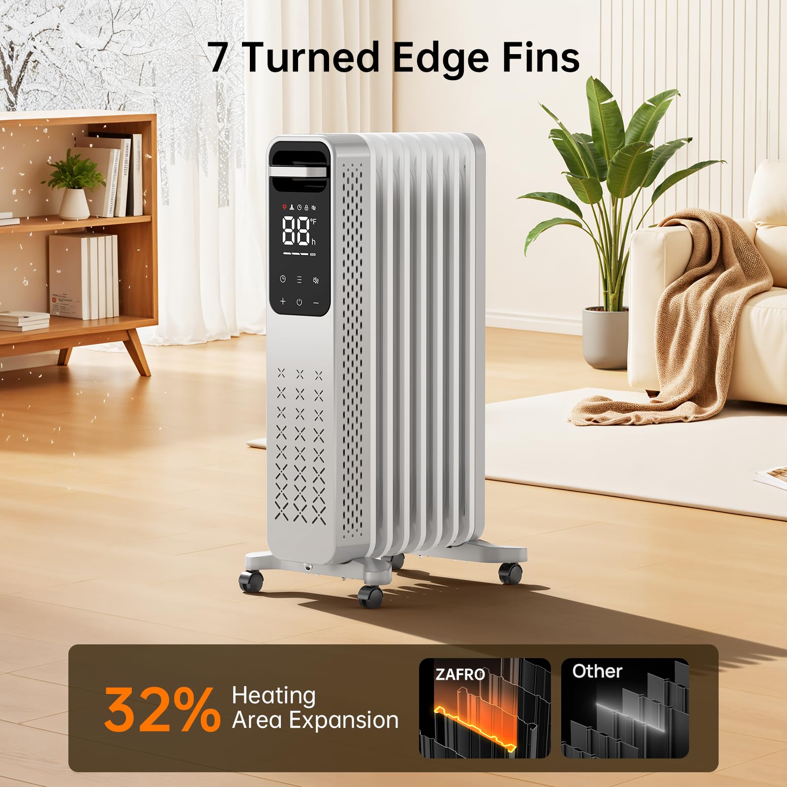 ZAFRO 1500W Oil Filled Radiator Heater, Energy Saving & Digital Thermostat, 24H On/Off Timer, Quiet Portable Wheeled Heater with Tip-Over & Overheat Protection for Home Office Indoor Use, Grey