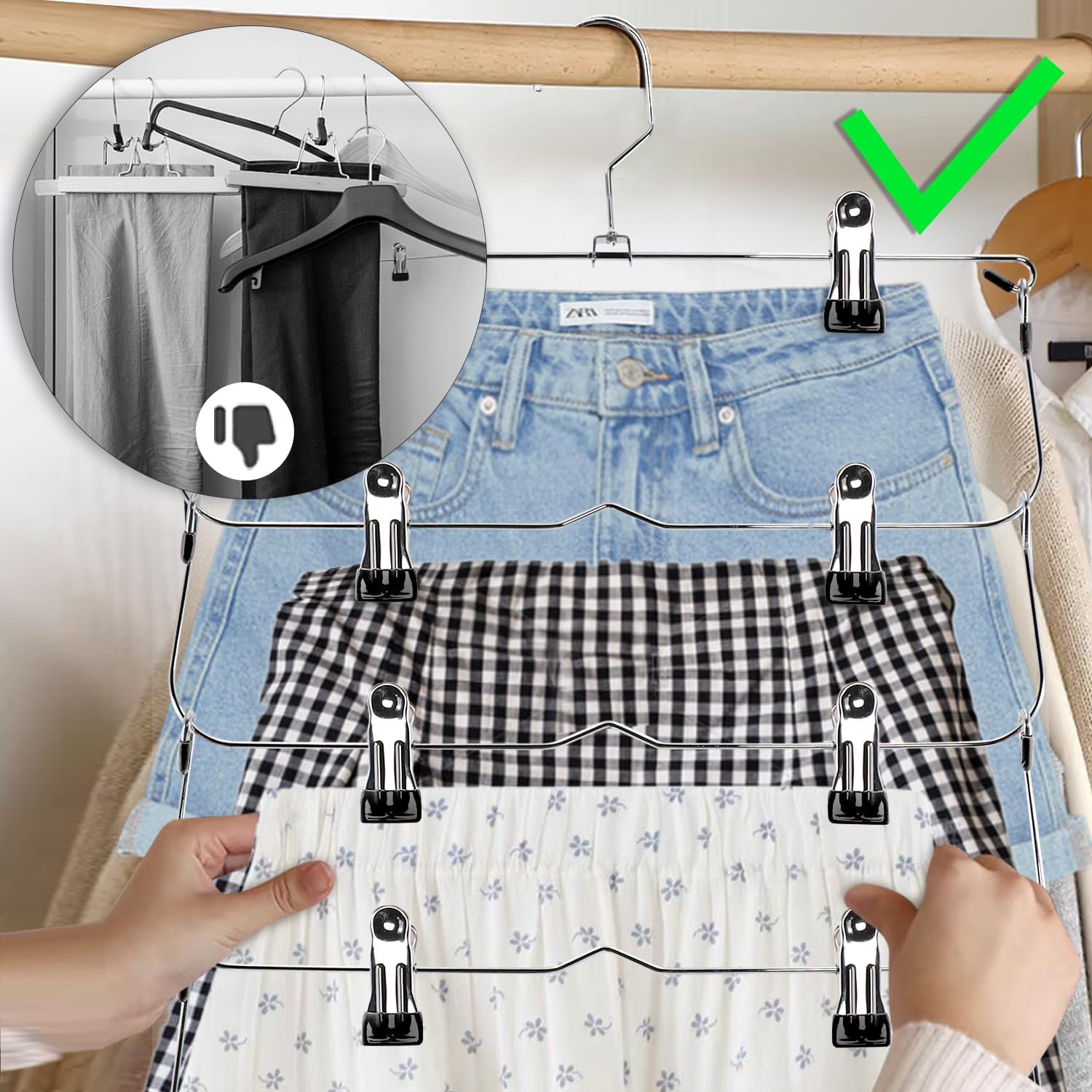 Skiennix Skirt Pants Hangers - Space-Saving Metal Clips for Organized Storage | Black, 2-Piece Set