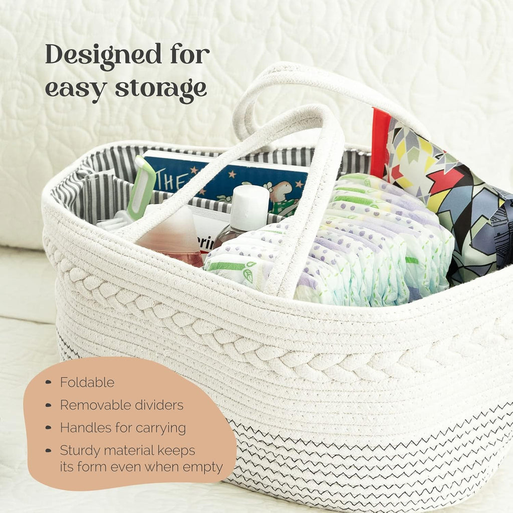 Skiennix Diaper Caddy Organizer - Large Cotton Rope Baby Basket for Nursery & Changing Table (Off White)
