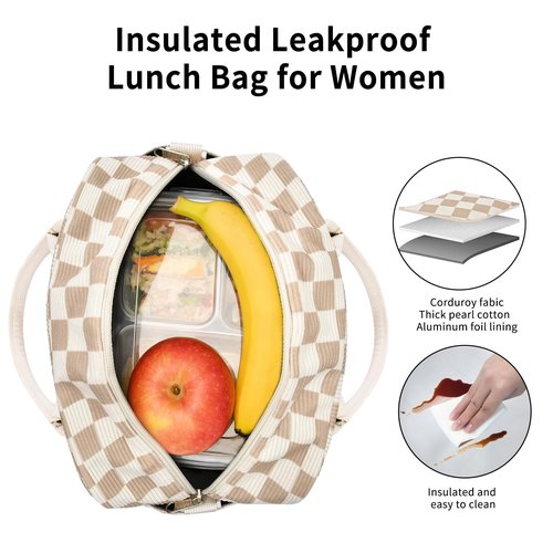 GASSDA Lunch Box for Women Insulated Lunch Bag Women Adult Cute Lunch Bags Reusable Lunchbox Cooler Tote Bag for Work Picnic (Beige-Brown Plaid)