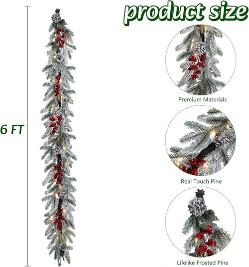 Bdor 6FT Pre-Lit Christmas Garland - Snow Flocked Pine with Red Berries & Pinecones | Battery Operated Holiday Decor for Mantel & Staircase