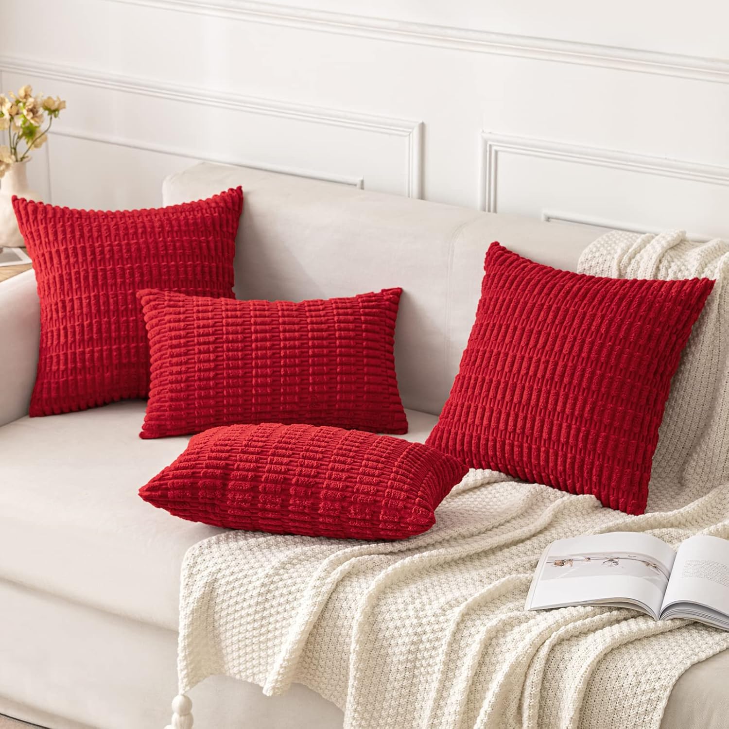 MIULEE Red Corduroy Decorative Pillow Covers - Soft Boho Striped 18x18 Inch for Modern Farmhouse Decor