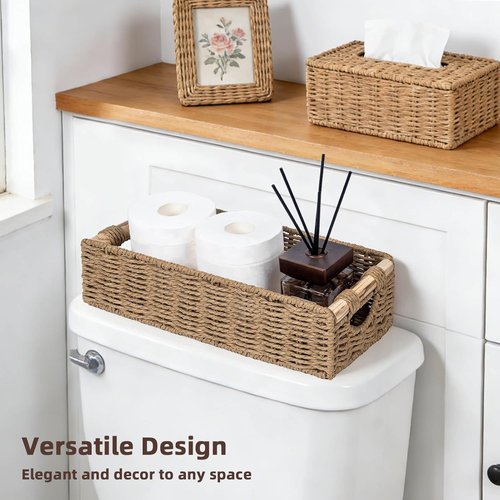 CubesLand Back of Toilet Storage Basket - Handwoven Wicker Organizer with Cut-Out Handle | Neutral Color