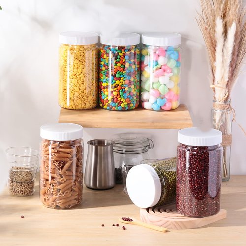 Lallisa 24 Pack 32oz Clear Plastic Jars with Lids Wide Mouth PET Mason Jars Large Clear Empty Plastic Storage Containers with White Leakproof Lids for Household Kitchen Organizing