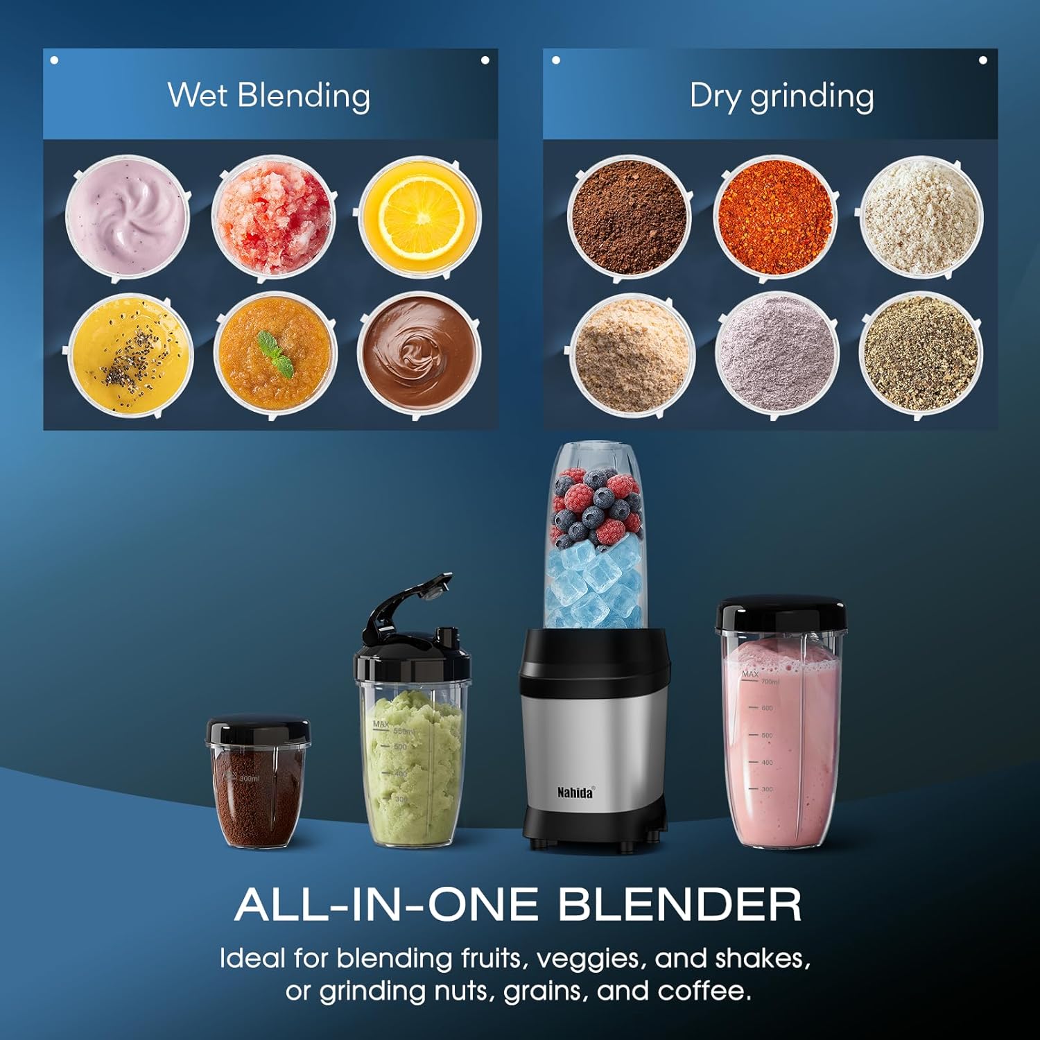 Nahida Blender - 1200W Smoothie Blender for Ice Crushing | Personal Blenders with 2 Six-Fin Blades & Easy Go Cups (23oz, 32oz, 37oz) - Silver