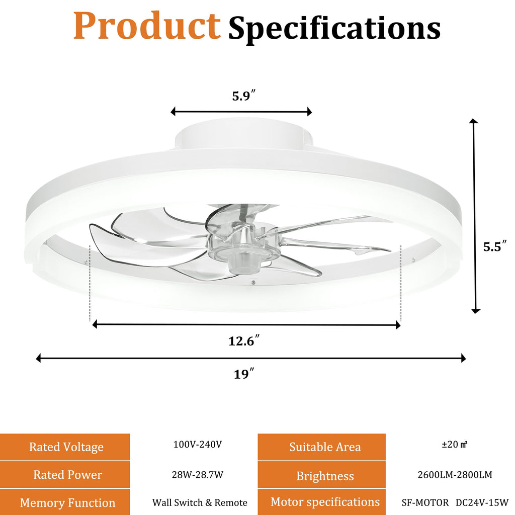 Qewoce Ceiling Fans with Lights and Remote, 19" Flush Mount Low Profile Ceiling Fan, 3-Color Dimmable LED Fandelier, 6-Speed Reversible Ceiling Fan for Living Room, Bedroom & Kids Room (F002, White)