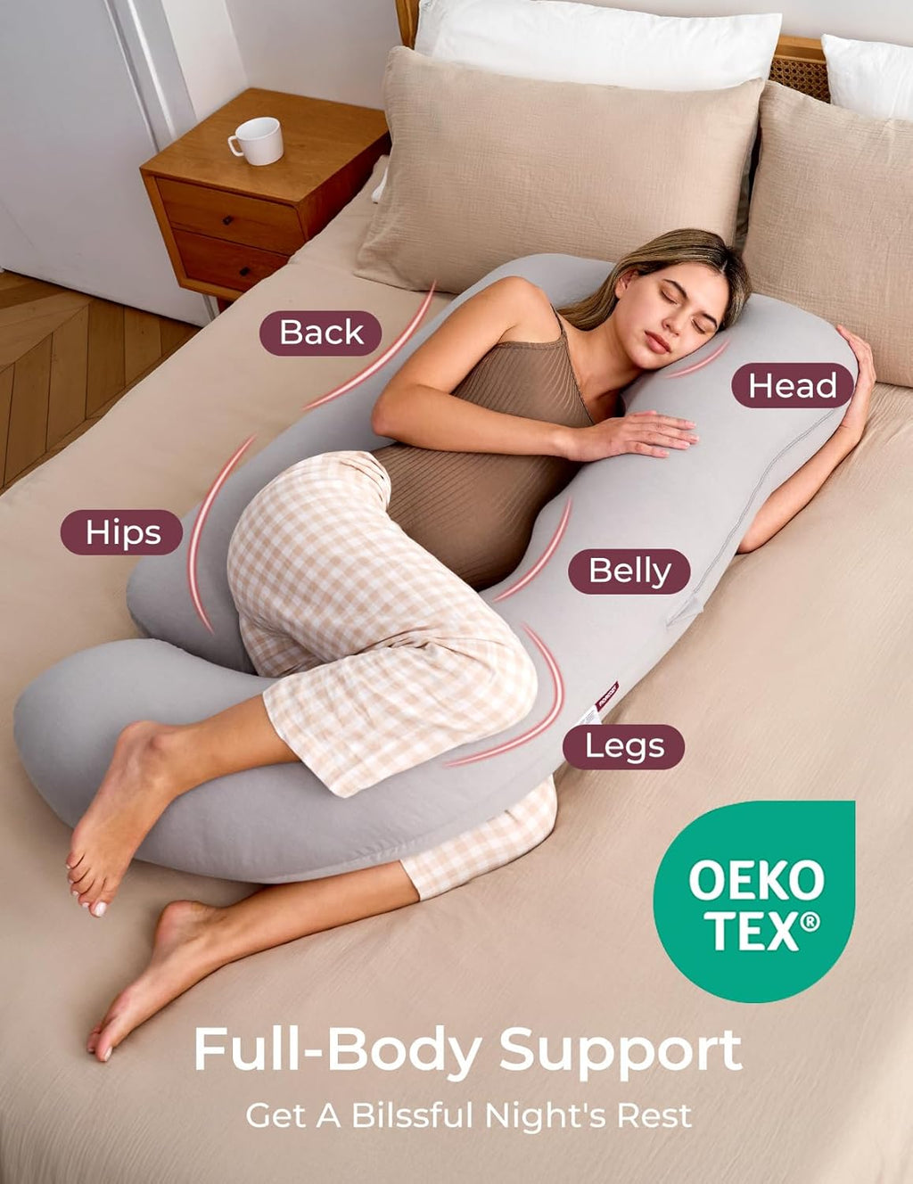 Momcozy U Shaped Pregnancy Pillow - Full Body Support with Removable Jersey Cotton Cover, 57 Inch, Grey