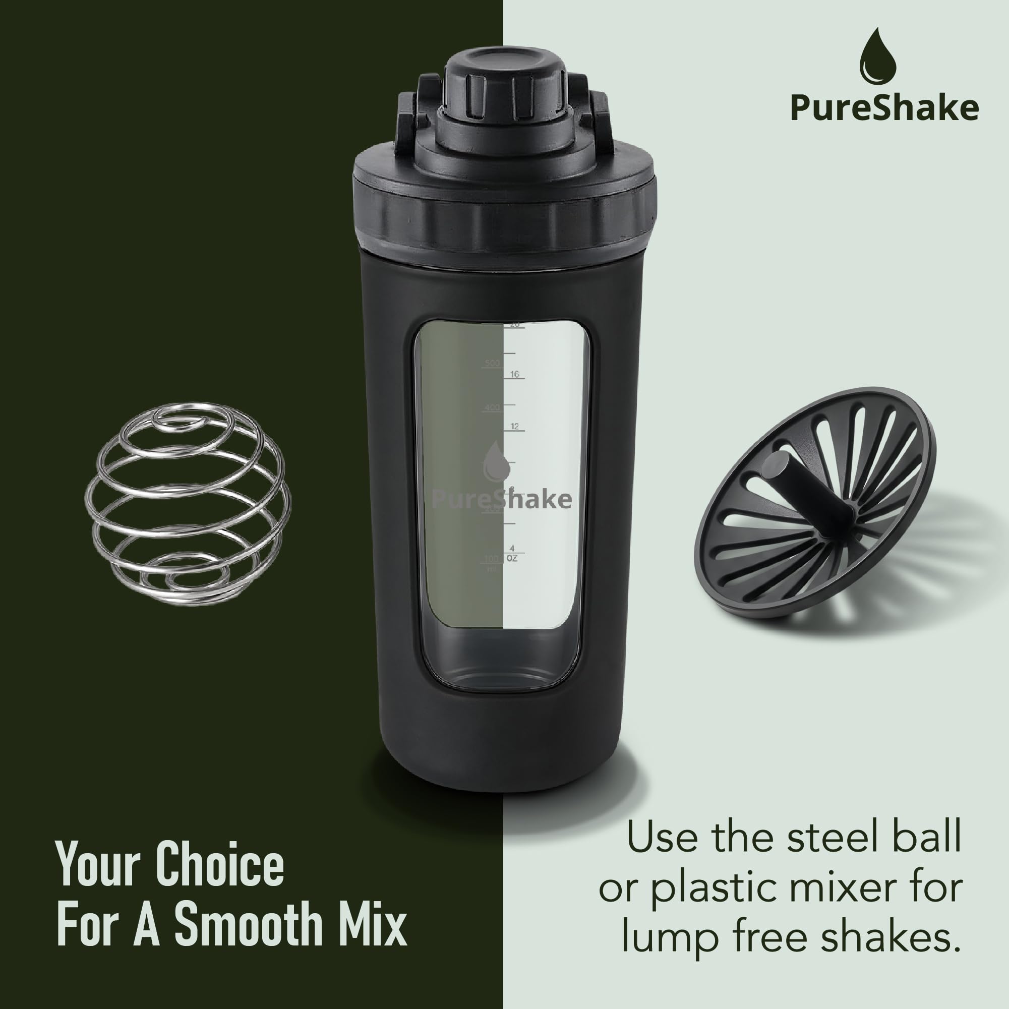 Paddi Glass Shaker Bottle for Protein - Odorless, BPA Free, Leak-Proof - 20 OZ | Graduated Ideal Fitness, Milkshake and Smoothies