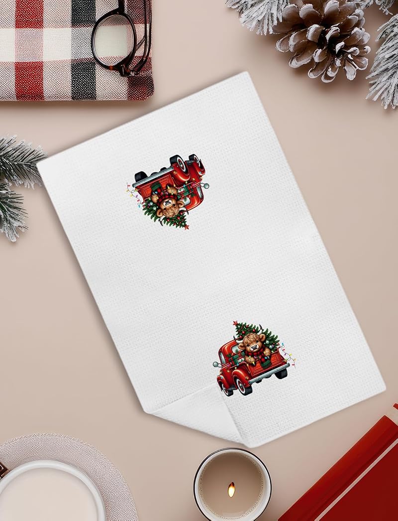 Red Truck Highland Cow Christmas Kitchen Towels – 16x24 In, Color-15