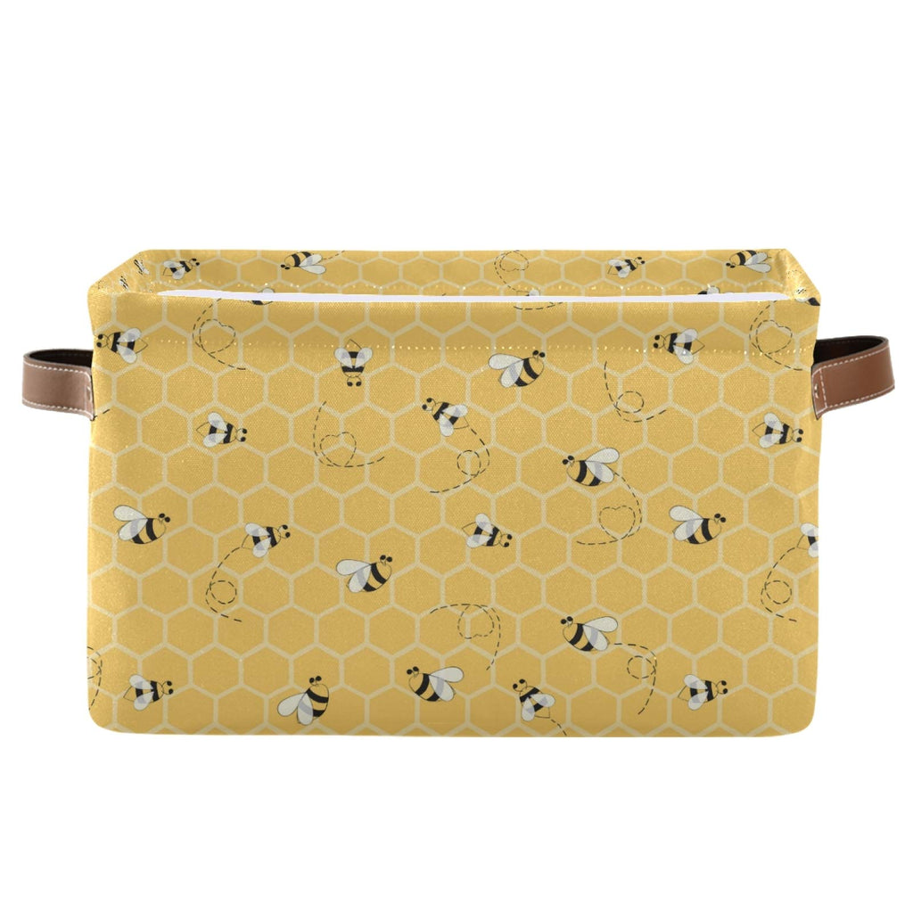 Cute Animal Bee Square Storage Basket Bin Canvas Fabric Compressible Organizer Basket with Handle for Bedroom Nursery Office, 1PCS