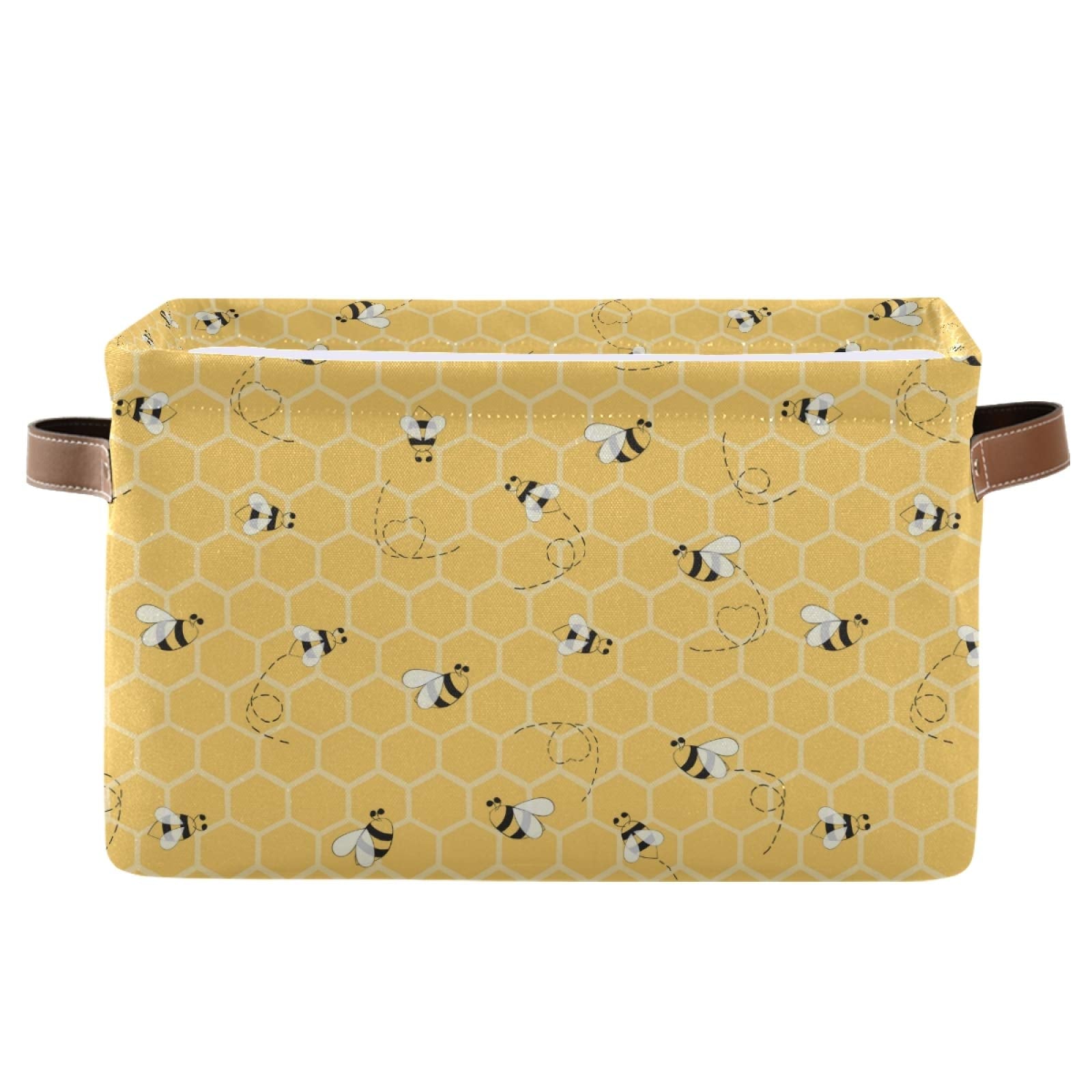 Cute Animal Bee Square Storage Basket Bin Canvas Fabric Compressible Organizer Basket with Handle for Bedroom Nursery Office, 1PCS