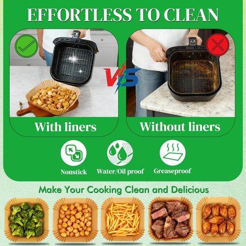BYKITCHEN 300PCS Disposable Air Fryer Paper Liners - 8in Square Parchment for Ninja & Cosori Air Fryers