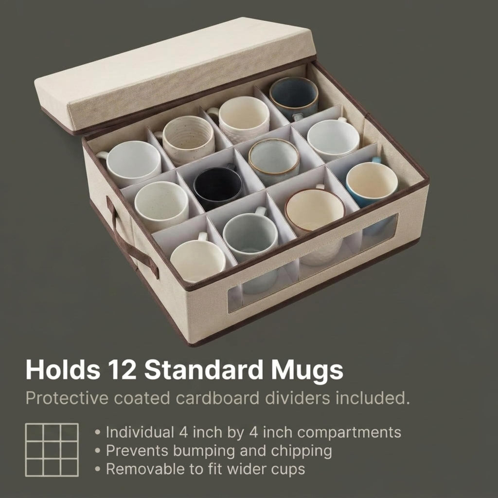 Household Essentials 538 Vision China Storage Box for Tea Cups and Mugs with Lid and Handles | Natural Canvas with Brown Trim