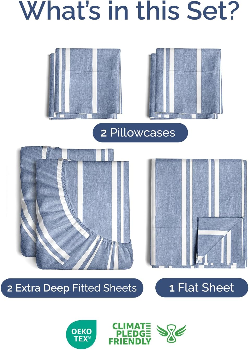 Skiennix Extra Deep Split King Sheet Set - 7 Piece Breathable Cooling Bedding - Soft Wrinkle-Free Blue Stripes