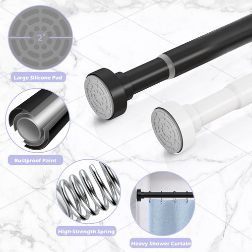 HTZON Black Shower Curtain Rod 18 to 49Inch:Small Spring Tension Shower Rods for Bathroom Kitchen Doorway,Modern Heavy Duty Adjustable Tension Shower Curtain Rod No Drilling No-Slip Easy Install,Black