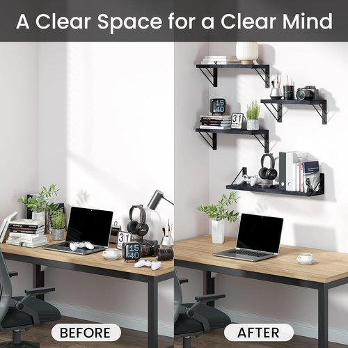 BAYKA Wall Mounted Floating Shelves - Space-Saving Wood Display for Books & Decor | Black, Set of 4