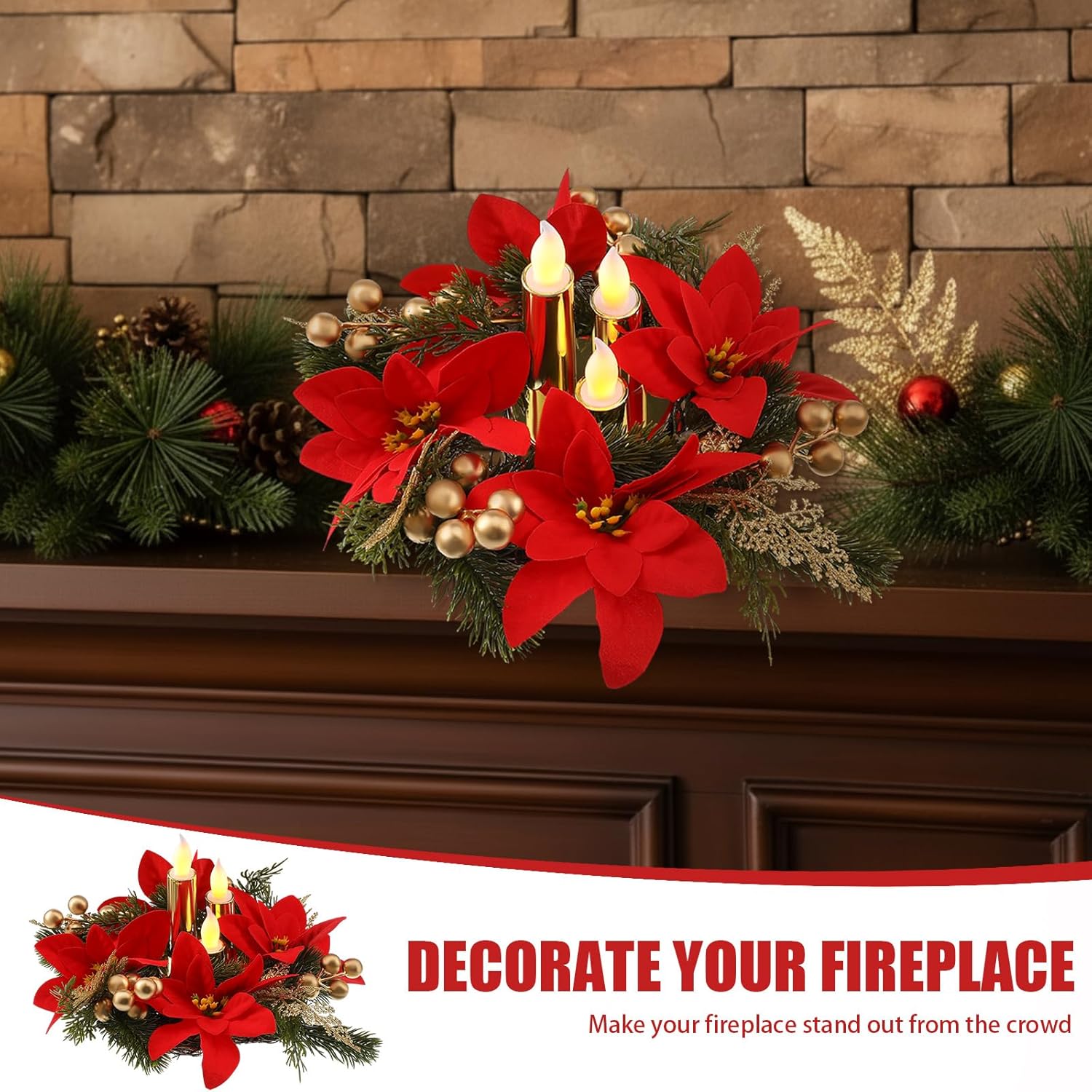 Tuanse Christmas Poinsettia Centerpieces - Flameless Candle Holders with LED Candles | Red & Gold Decor